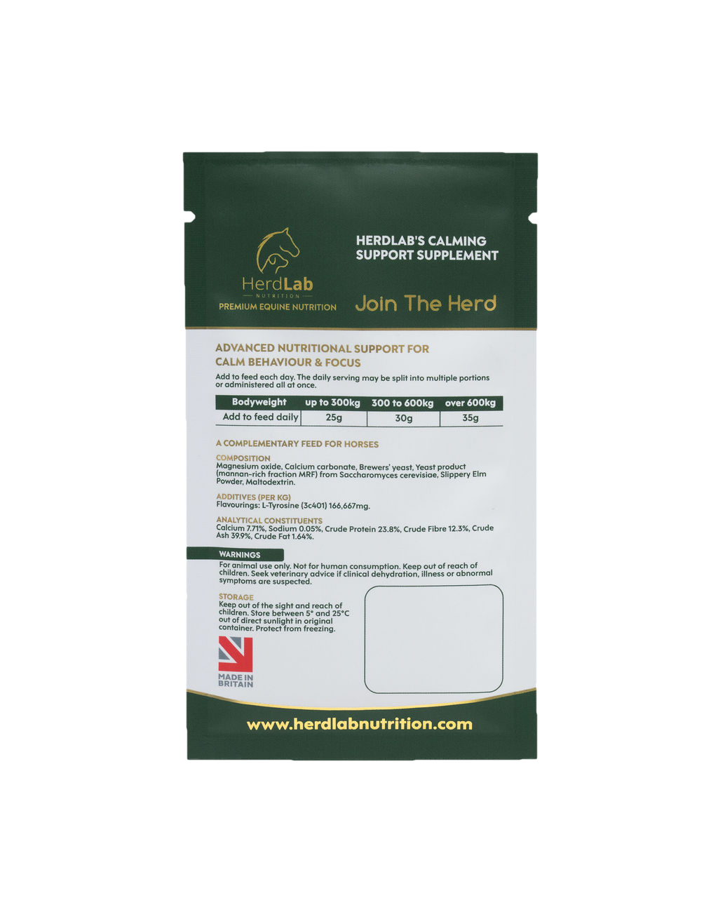 Back of the HerdLab Calming Support sachet showing ingredients and feeding guide
