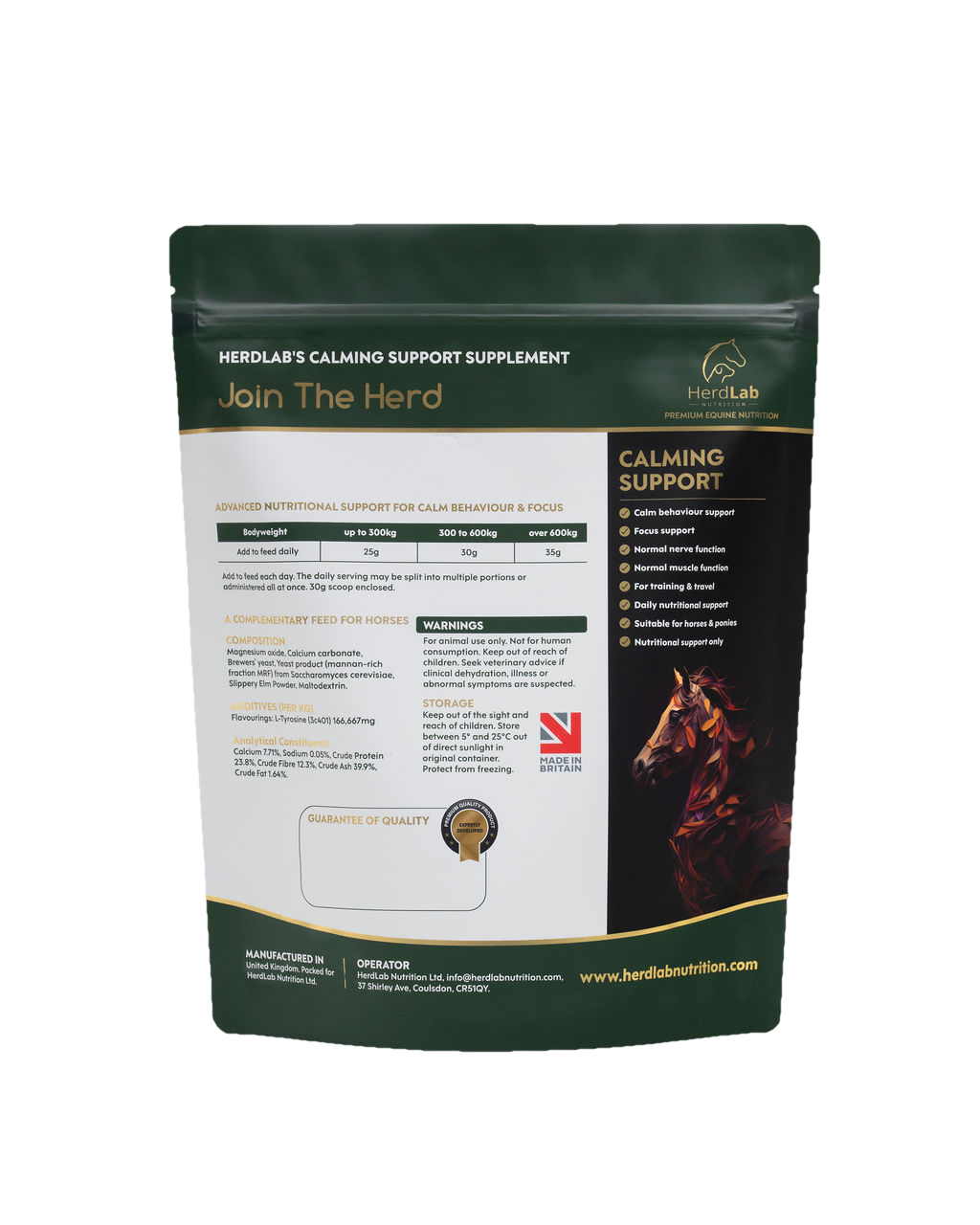 Rear label of HerdLab Calming Support showing ingredients and feeding guide