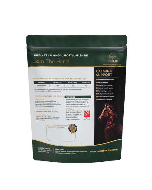 Rear label of HerdLab Calming Support showing ingredients and feeding guide