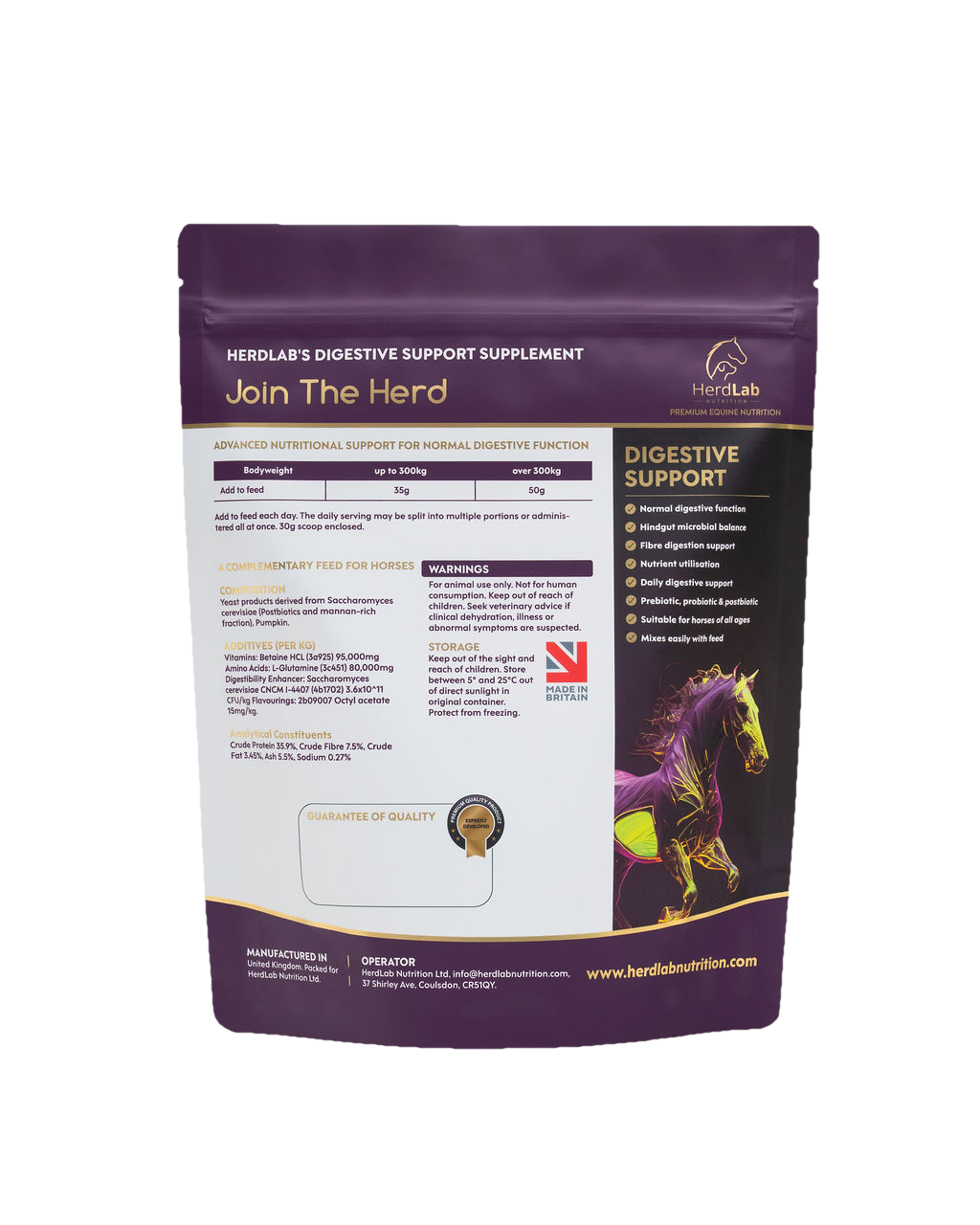 Rear label of HerdLab Digestive Support showing ingredients and feeding guide