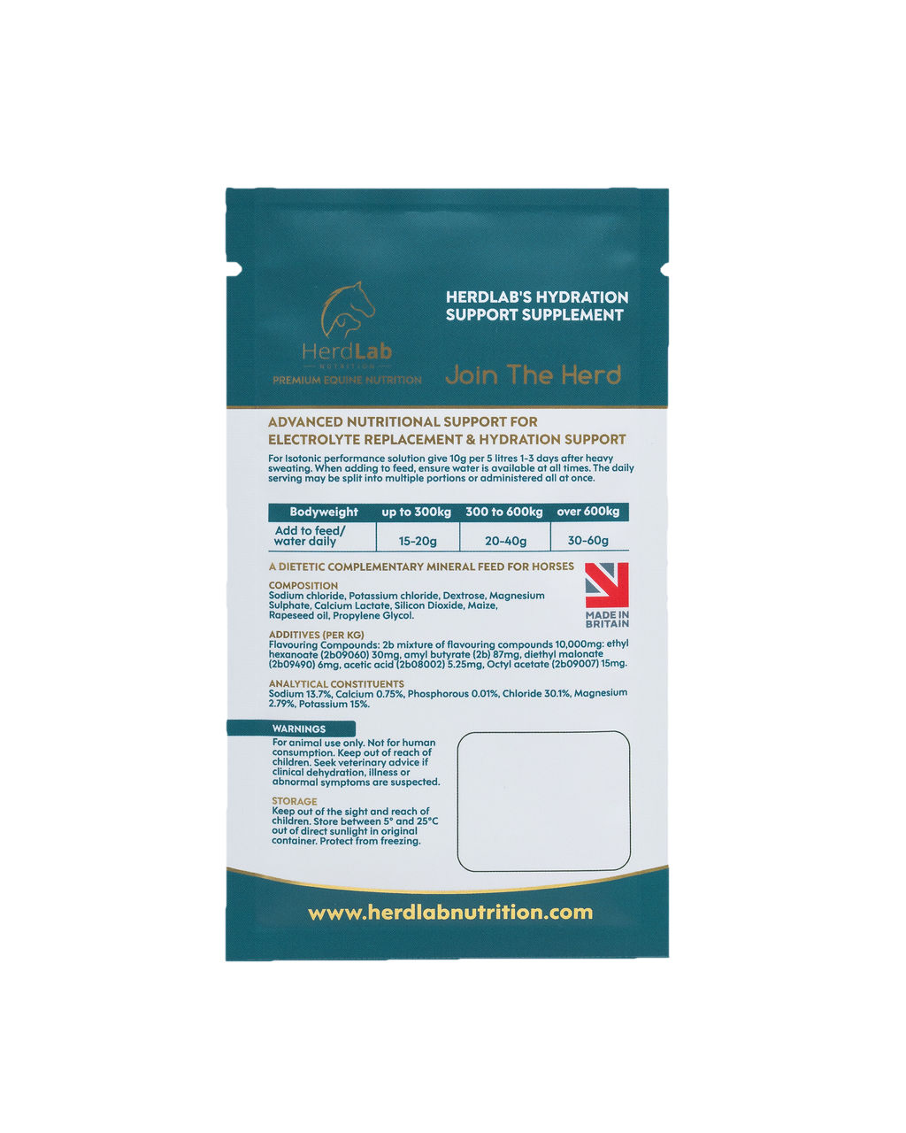 Back of the HerdLab Hydration Support sachet showing ingredients and feeding guide