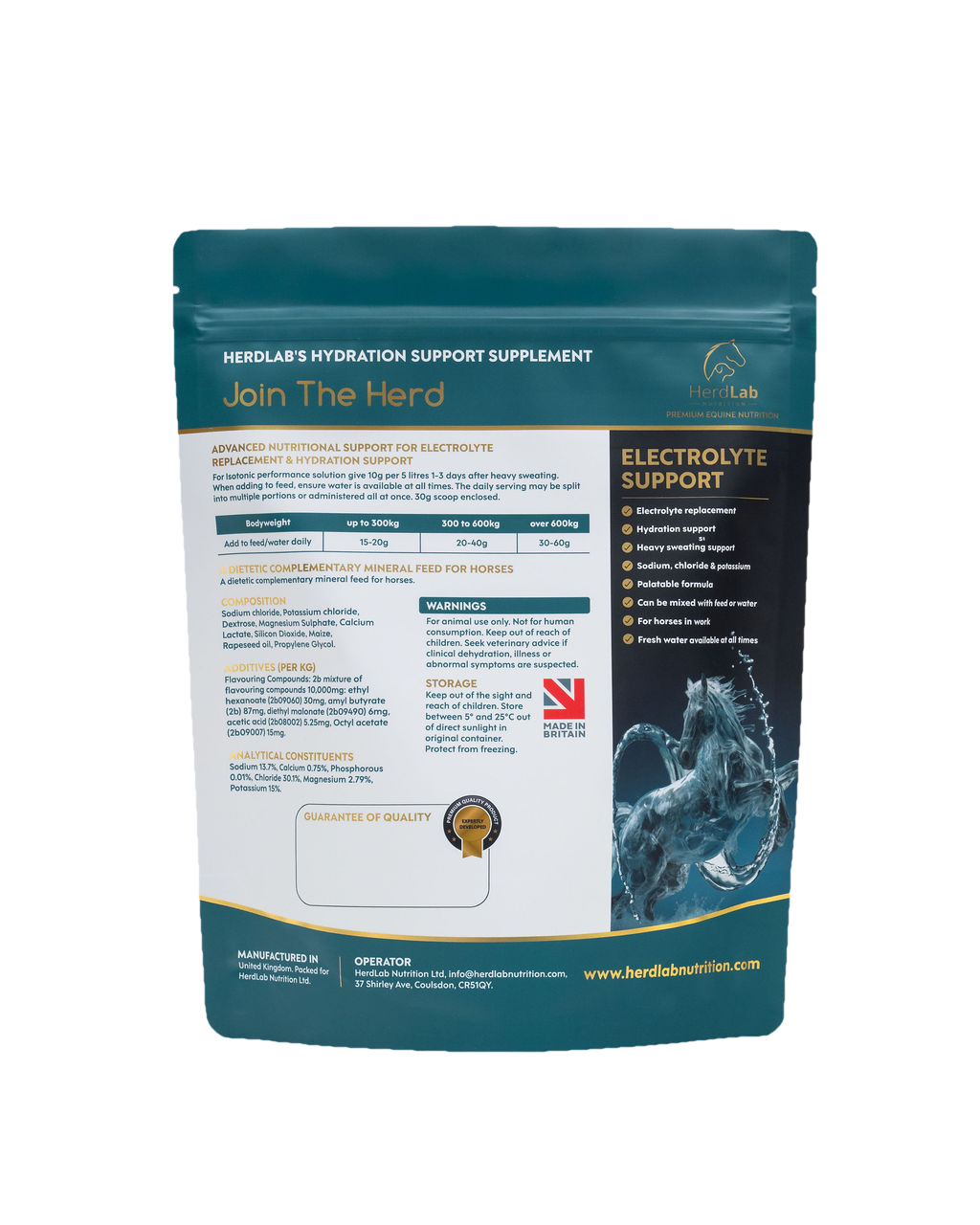 Rear label of HerdLab Hydration Support showing ingredients and feeding guide