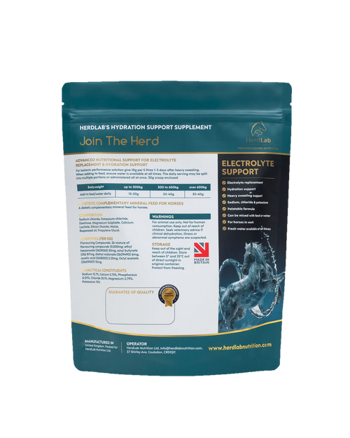Rear label of HerdLab Hydration Support showing ingredients and feeding guide