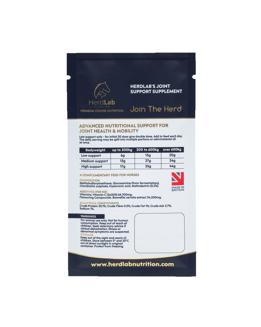 Back of the HerdLab Joint Support sachet showing ingredients and feeding guide