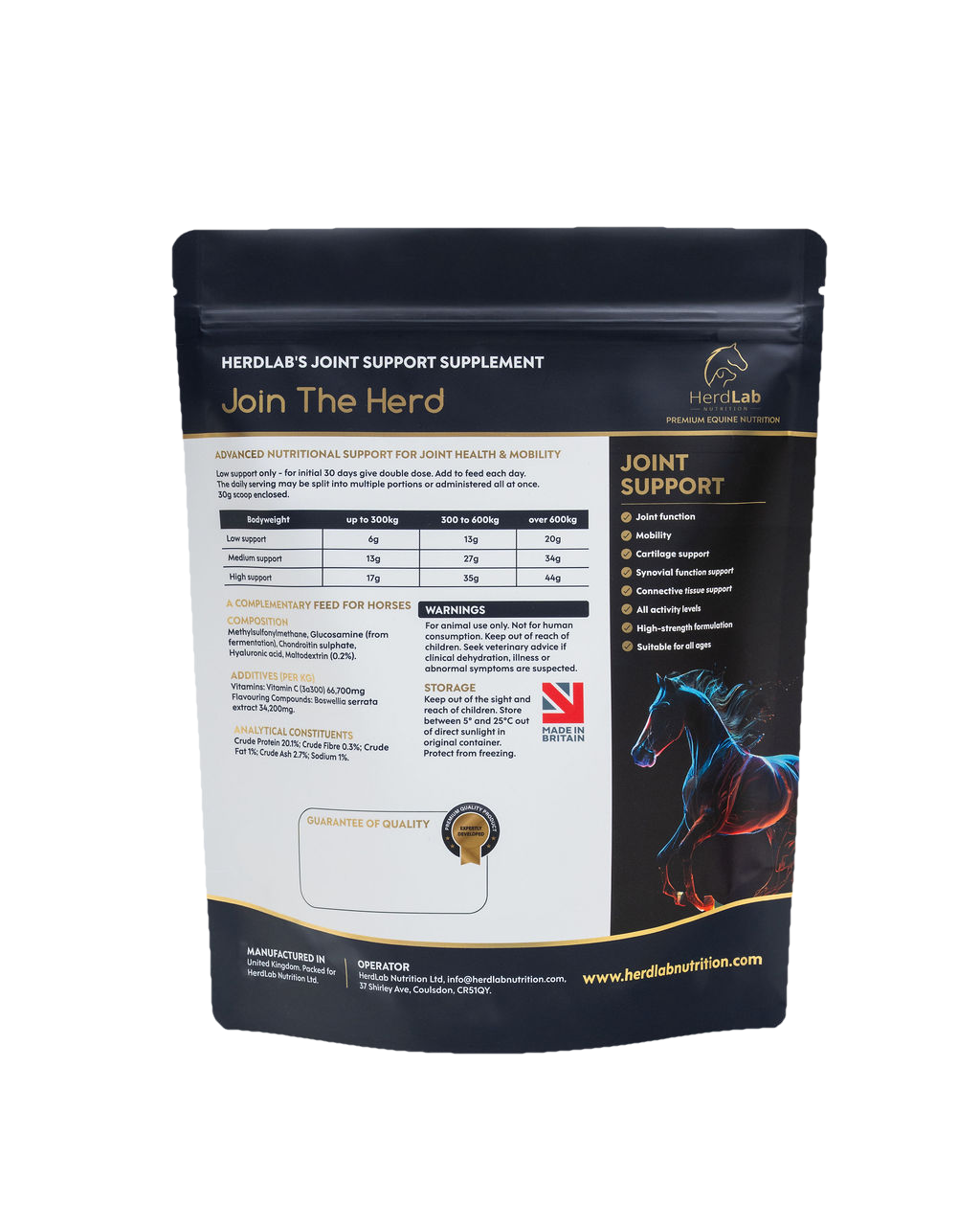 Rear label of HerdLab Joint Support showing ingredients and feeding guide