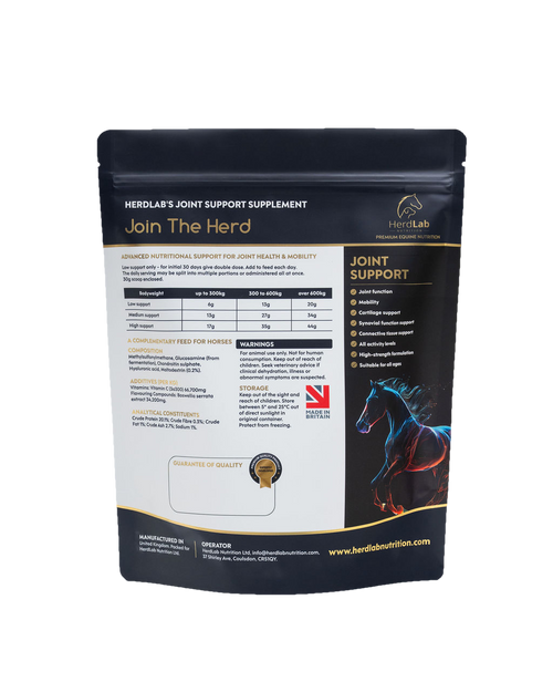 Rear label of HerdLab Joint Support showing ingredients and feeding guide
